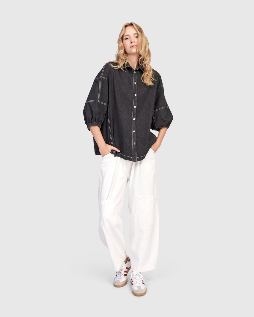 Pippa Puff Blouse, Black Denim