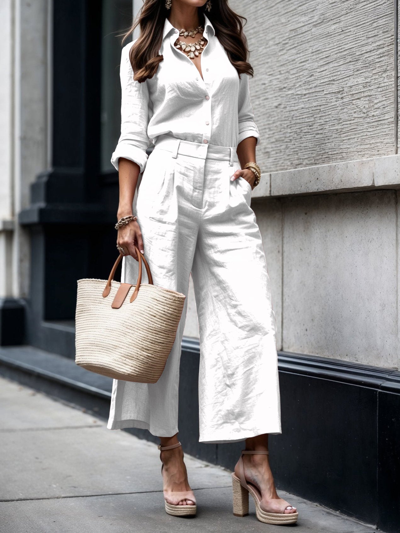 Pink Capri Pants and Loose Shirt Linen Set